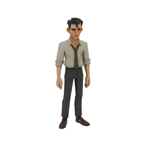 Низкополигональная 3D модель мужчины, стоящего в светлой рубашке, темном галстуке и серых брюках.