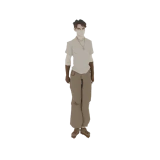 3D модель молодого человека с темными волосами, в футболке, брюках-карго и перчатках, стоящего в нейтральной позе.