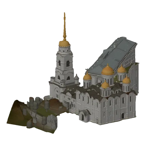 3D модель православного собора с белыми стенами и множеством золотых куполов на простом фоне.
