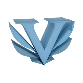 3D рендер стилизованного синего логотипа 'V' с множеством перекрывающихся, расходящихся веером слоев на белом фоне.