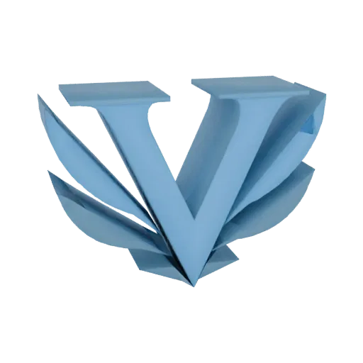 3D рендер стилизованного синего логотипа 'V' с множеством перекрывающихся, расходящихся веером слоев на белом фоне.