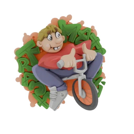 3D модель мультяшного ребенка со светлыми волосами на BMX, показывающего большой палец вверх, на фоне зеленых букв граффити.