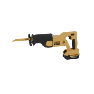 3D модель желто-черной аккумуляторной сабельной пилы DeWalt с полотном и аккумулятором.