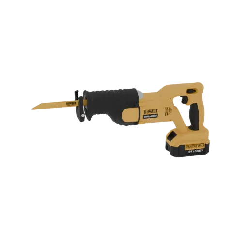 3D модель желто-черной аккумуляторной сабельной пилы DeWalt с полотном и аккумулятором.