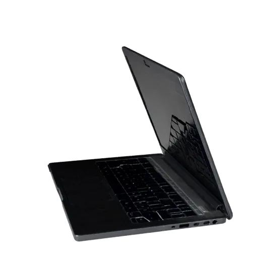 3D модель ноутбука Ultrabook, вид спереди в три четверти, вьюпорт Unity, демонстрирующий матовый металл, угол открытой крышки