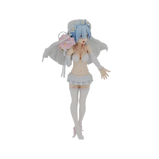3D модель Рем из Re:Zero в белом свадебном платье, с розово-белым букетом и вуалью.