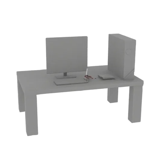 3D модель минималистичного рабочего места с монитором, системным блоком и клавиатурой на сером столе.