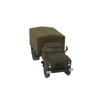 3D модель зеленого советского военного грузовика с тентованным кузовом, вид спереди справа под углом.
