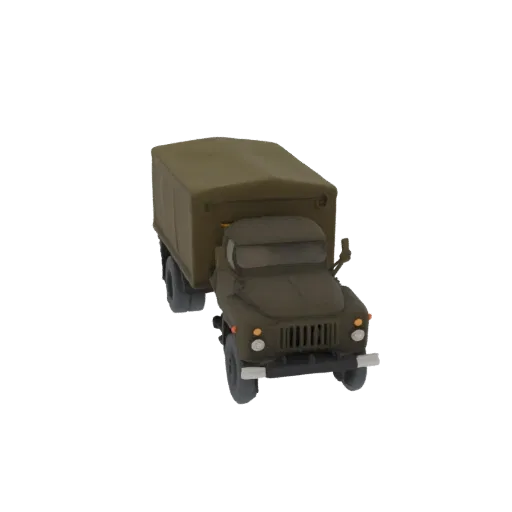 3D модель зеленого советского военного грузовика с тентованным кузовом, вид спереди справа под углом.