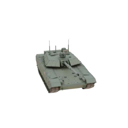 3D модель современного основного боевого танка оливково-зеленого цвета с большой башней и основной пушкой на черном фоне, вид