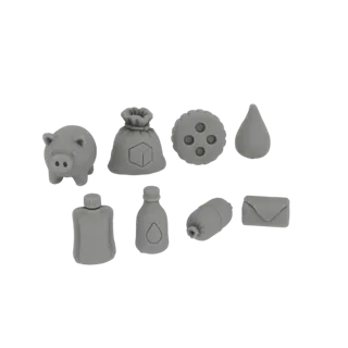 A 3D render of seven miniature everyday objects: a piggy bank, money bag, cookie, water drop, bottle, capsule, and envelope,