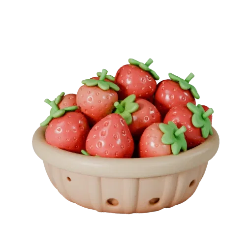 3D-модель Корзина свежей клубники, вид спереди в три четверти, студийный рендер AR Viewer, показывающий поры кожи, детали фор