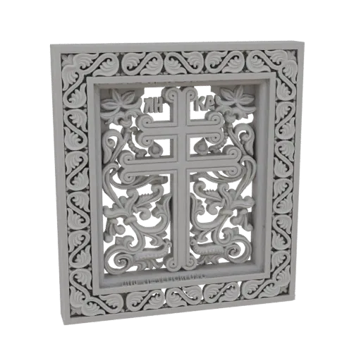 3D модель белого, искусно резного барельефа православного креста с цветочной вязью и кириллическим текстом.