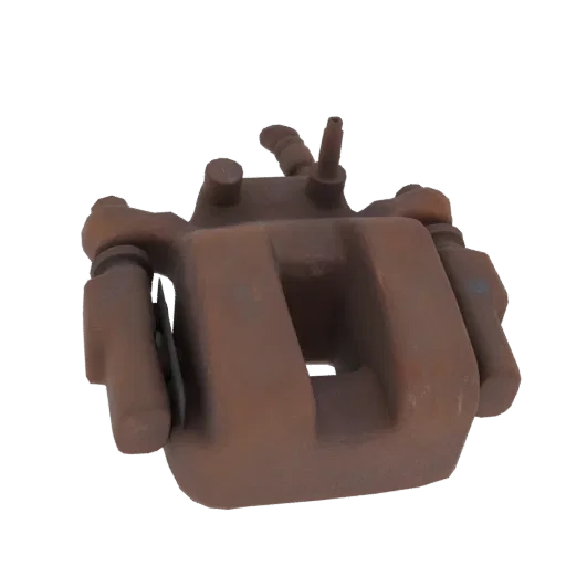 3D модель ржавого левого заднего тормозного суппорта с детализированной текстурой металла и износом.