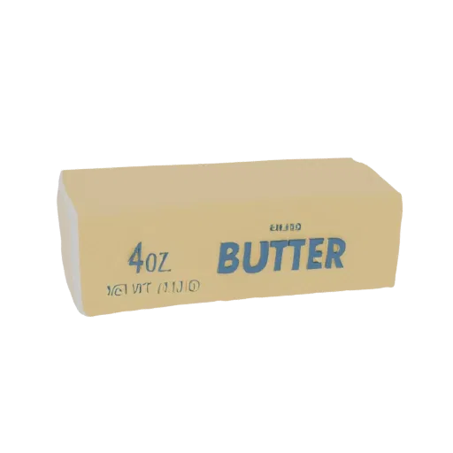 3D-рендер классического куска масла с надписями '4oz' и 'BUTTER' на белом фоне.