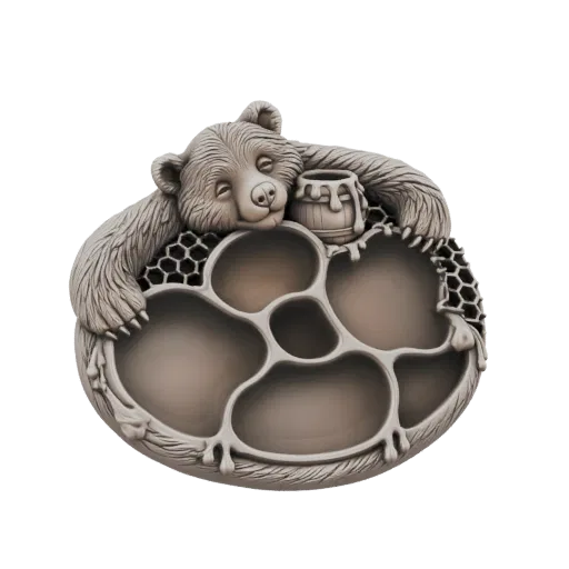 3D модель спящего медведя с горшком меда и дизайном сот, с многосекционным подносом.