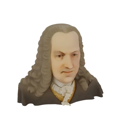 3D-модель бюста композитора Иоганна Себастьяна Баха с париком и жабо, реалистичная детализация.