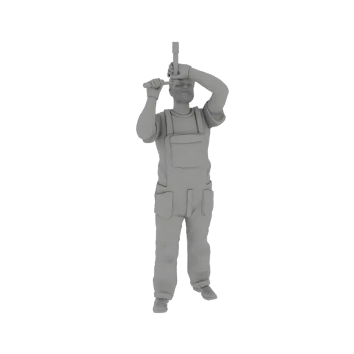 3D-модель бородатого мужчины в комбинезоне с инструментом, изображенная в нейтральном сером материале.