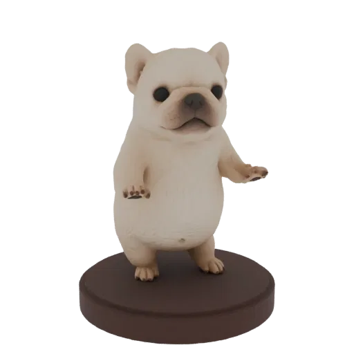 3D модель светло-палевого щенка французского бульдога, стоящего на темно-коричневом круглом основании, с большими ушами и игр