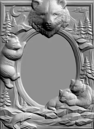 3D модель барельефа "Медвежья семья в лесу" с овальным медальоном, изображающая медведей среди деревьев и гор.