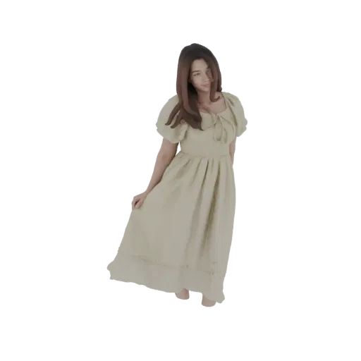 3D модель женщины с длинными каштановыми волосами в легком, летящем платье с пышными рукавами, в изящной позе.