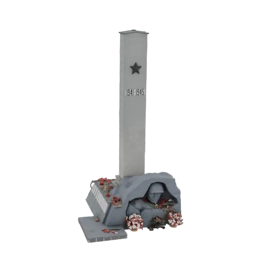 3D модель памятника советскому солдату с бюстом, стелой и маками.