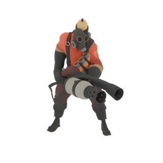 3D модель персонажа Пиро из Team Fortress 2, присев, держит огнемет на белом фоне.