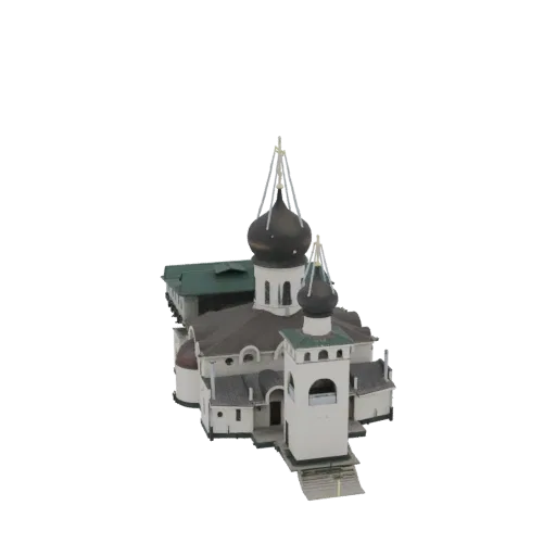 3D модель православной церкви с темными луковичными куполами и белой колокольней на черном фоне.