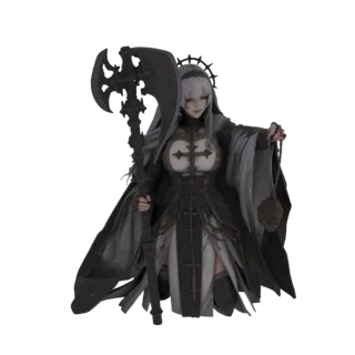 3D model of a gothic nun with white hair, red eyes, wearing a dark habit, holding a large scythe and a rosary, with a halo.