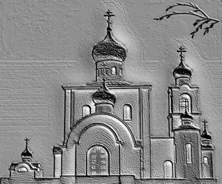 3D модель барельефа русской церкви в стиле гравюры, видны купола, кресты и текстура, напоминающая гравюру