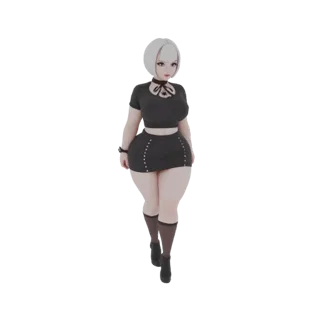 3D модель пышной аниме девушки с белыми волосами каре, в черном кроп-топе, черной мини-юбке и черных ботинках.