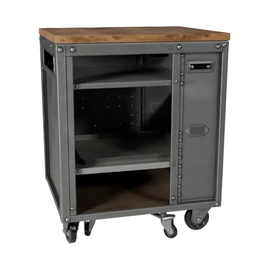 Реалистичная 3D-модель тележки с инструментами механика, трехчетвертной студийный рендер, показывающий стальные рамы, устойчи