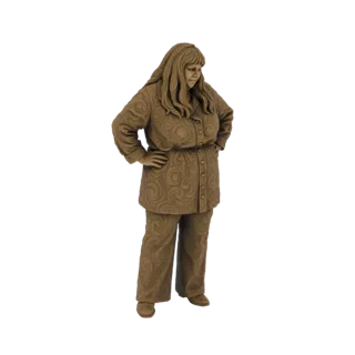 3D модель женщины с длинными волосами, в узорной куртке и брюках, стоящей с руками на бедрах.