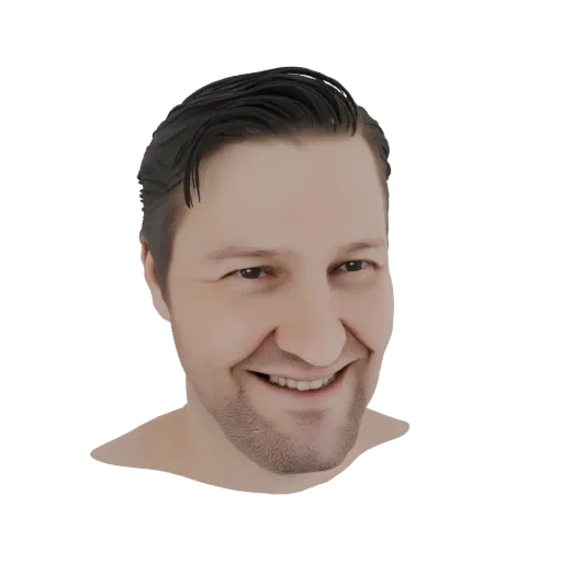 3D модель головы мужчины с дружелюбной улыбкой, реалистичными деталями и аккуратно уложенными волосами.