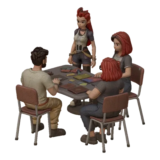 3D модель группы людей, сидящих за столом и играющих в настольную игру, с детально проработанными персонажами и игровыми комп