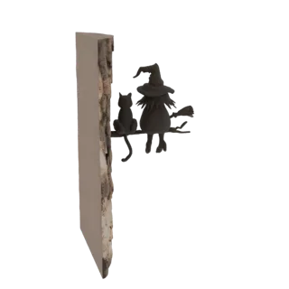 3D рендер черного силуэта ведьмы и кота на метле с текстурированной деревянной подставкой.
