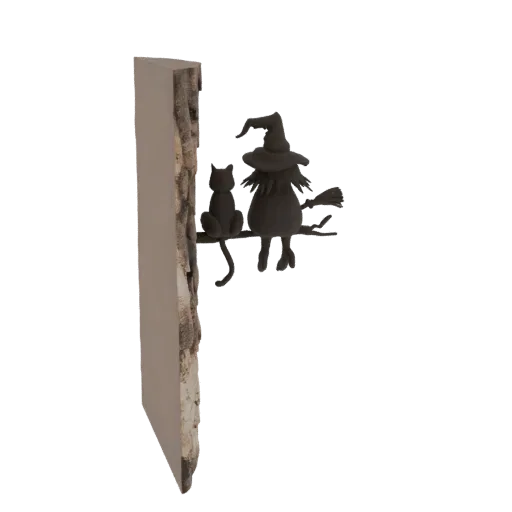 3D рендер черного силуэта ведьмы и кота на метле с текстурированной деревянной подставкой.