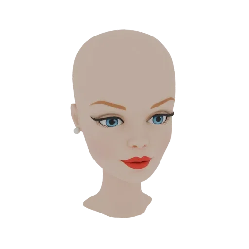 3D модель стилизованной лысой женской головы с голубыми глазами, красными губами и жемчужной серьгой на белом фоне.
