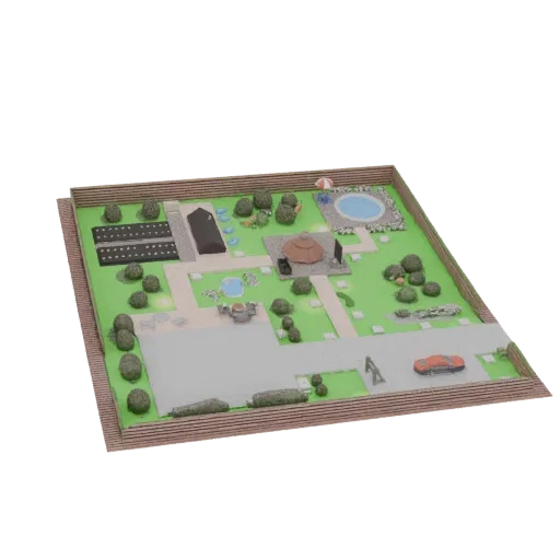3D модель современного заднего двора с бассейном, садом, беседкой и оранжевым автомобилем.