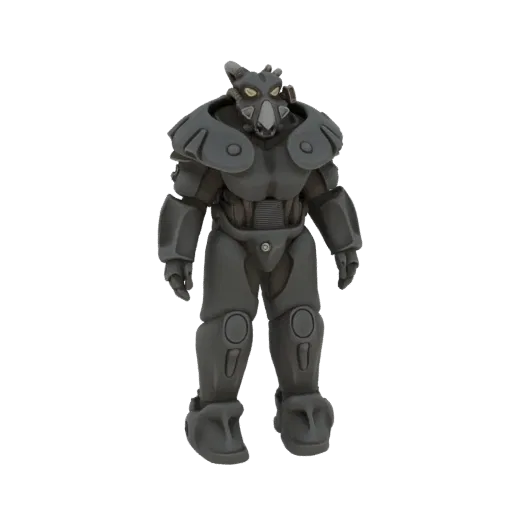 Рендер 3D модели Силовой брони T-45 из Fallout, темный серый, громоздкий костюм силовой брони с характерным шлемом.