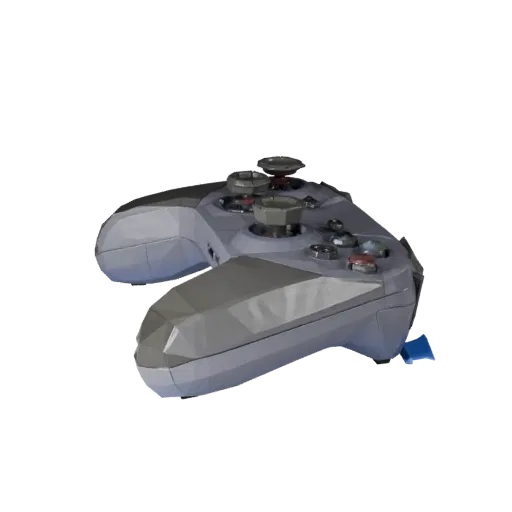 Низкополигональная 3D-модель портативного контроллера, вид в три четверти из игрового вьюпорта, показывающий матовый пластик,