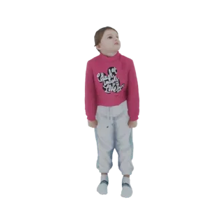 3D модель девочки в розовом худи с принтом Микки Мауса и белых спортивных штанах, смотрящей вверх.