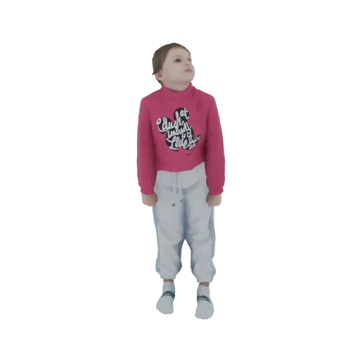 3D модель девочки в розовом худи с принтом Микки Мауса и белых спортивных штанах, смотрящей вверх.