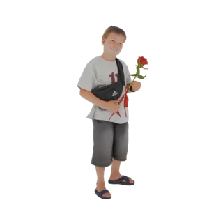 3D модель улыбающегося мальчика с красной розой, в футболке, шортах и сумке через плечо.