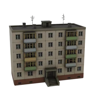 3D-модель бежевого советского многоквартирного дома с несколькими этажами и балконами на белом фоне.