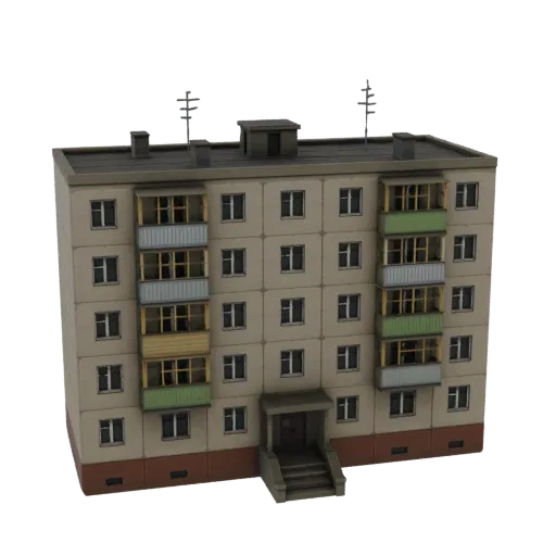 3D-модель бежевого советского многоквартирного дома с несколькими этажами и балконами на белом фоне.