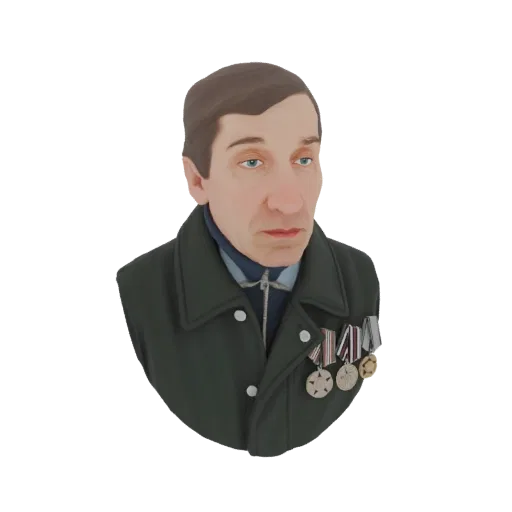 Рендер 3D модели бюста мужчины в темном пальто с несколькими военными медалями.