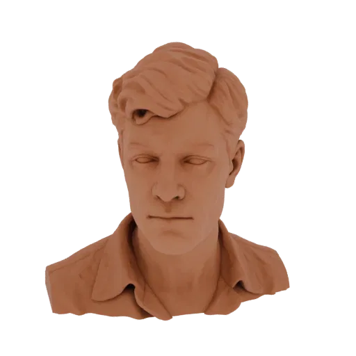 Рендер 3D-модели терракотового глиняного бюста молодого человека с аккуратно уложенными волнистыми волосами и закрытыми глаза