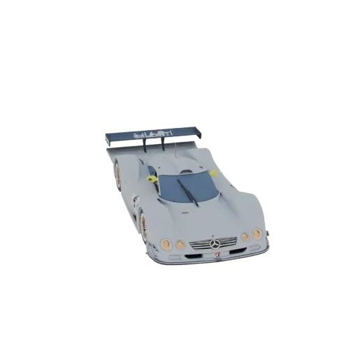 3D модель серебристого гоночного автомобиля Mercedes-Benz CLK GTR LM с большим задним антикрылом, вид спереди в три четверти.