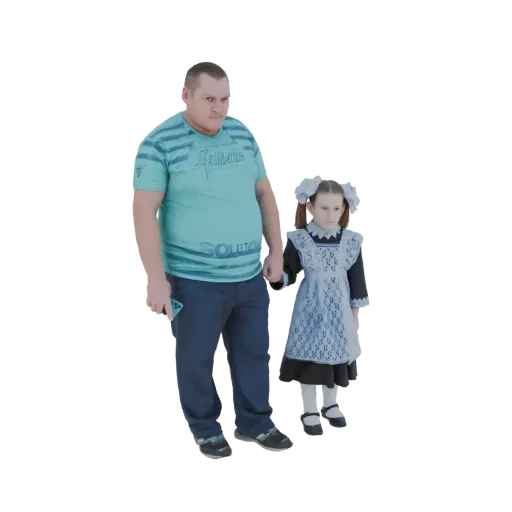 3D модель мужчины в синей футболке и темных брюках рядом с девочкой в сине-белой школьной форме с бантами в волосах.